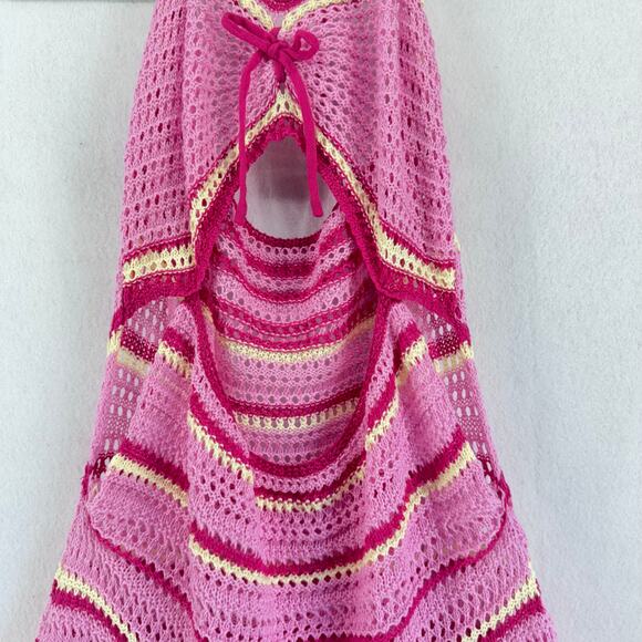 Pink Crochet Halter Mini Dress Open Back Striped Knit Festival Boho Y2K s/m - Picture 5 of 7